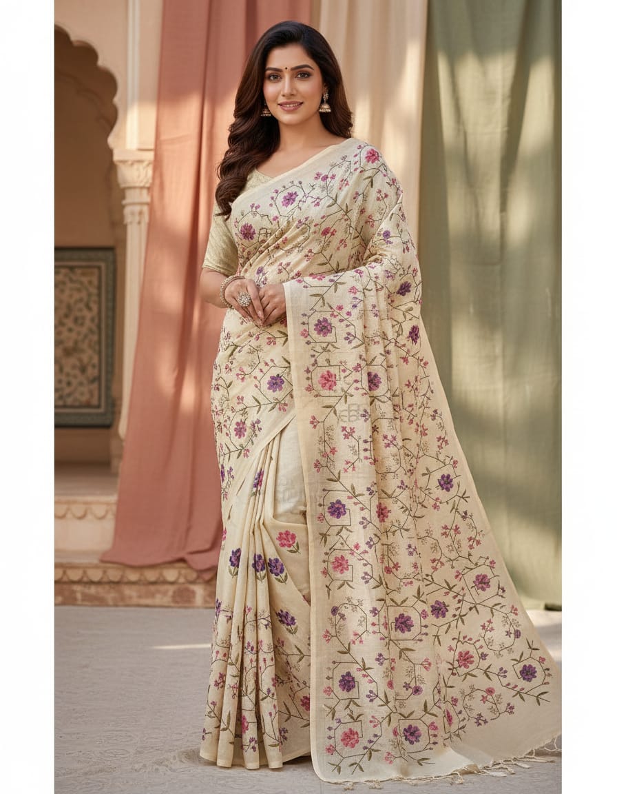 ADVITA Hemlata : Pure Kosa Silk Saree – Premium Parsi embroidered