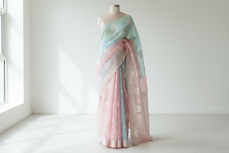 A fine Jamdani muslin saree in light pastel shade with handwoven motifs, airy translucent drape, soft natural lighting — full-length product view, saree fully visible from top to bottom, centered composition, straight front angle, fits completely within frame height 60vh, no text, no watermark, no logo.