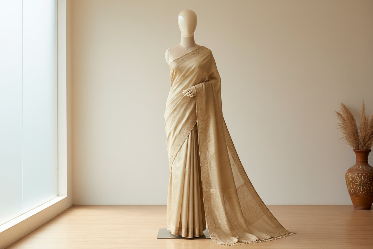 A luxurious Kosa silk saree draped elegantly on a mannequin, soft golden-beige sheen, minimal Indian studio background, natural lighting, detailed silk texture, premium fashion photography, no text, no logo.