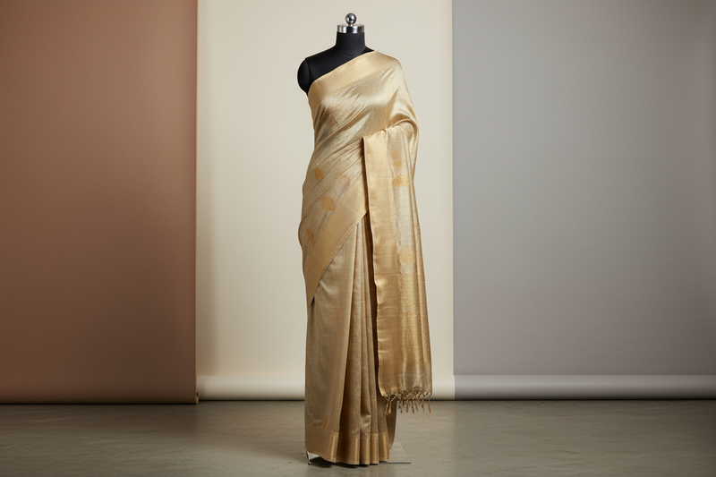 A luxurious Kosa silk saree draped elegantly on a mannequin, soft golden-beige sheen, minimal Indian studio background with neutral tones, premium lighting, natural silk texture visible — full-length product view, saree fully visible from top to bottom, centered composition, straight front angle, fits completely within frame height 60vh, no text, no watermark, no logo.