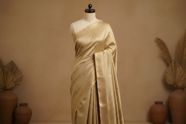 A luxurious Kosa silk saree draped elegantly on a mannequin, soft golden-beige sheen, natural silk texture, minimal Indian studio background with neutral tones, premium fashion photography, no text, no logo, composition framed to fit under 60vh height.