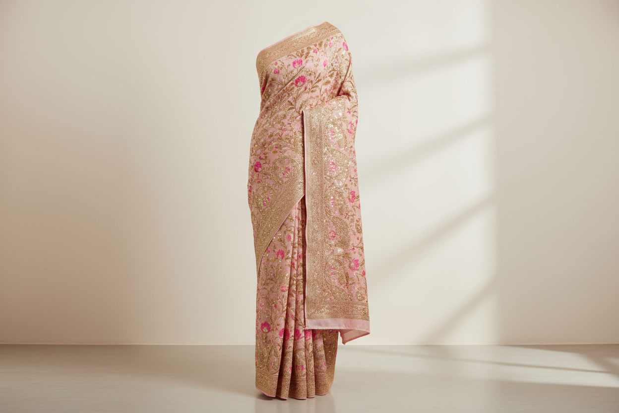 A premium embroidered saree with fine golden threadwork and shimmer, ivory or blush pink tone, luxurious minimal studio background — full-length product view, saree fully visible from top to bottom, centered composition, straight front angle, fits completely within frame height 60vh, no text, no watermark, no logo.