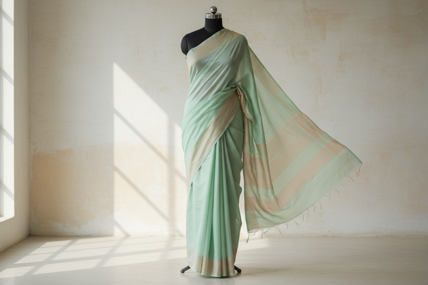 A soft semi-tussar saree made of silk and cotton blend in pastel tones like peach or mint, lightweight drape, minimalist indoor background, natural light — full-length product view, saree fully visible from top to bottom, centered composition, straight front angle, fits completely within frame height 60vh, no text, no watermark, no logo.
