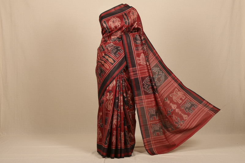 A traditional Sambalpuri ikat saree with bold red and black patterns, handwoven texture visible, plain light background, professional textile shoot — full-length product view, saree fully visible from top to bottom, centered composition, straight front angle, fits completely within frame height 60vh, no text, no watermark, no logo.